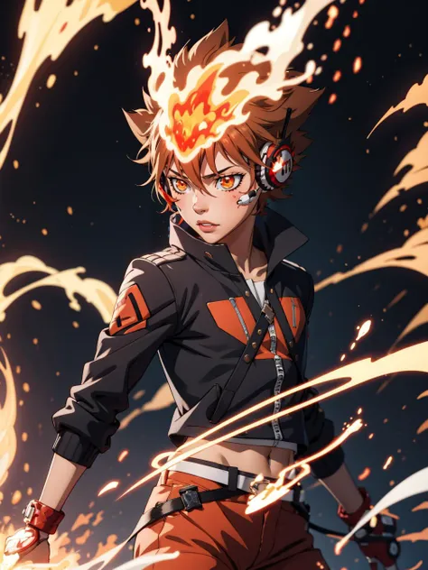 masterpiece, best quality, <lora:Tsuna_Reborn2:0.7> tsuna sawada,  flame headwear, headphones, brown eyes, katekyo hitman reborn!,  (GS-DeFeminize-neg:0.6), cowboy shot, flame,