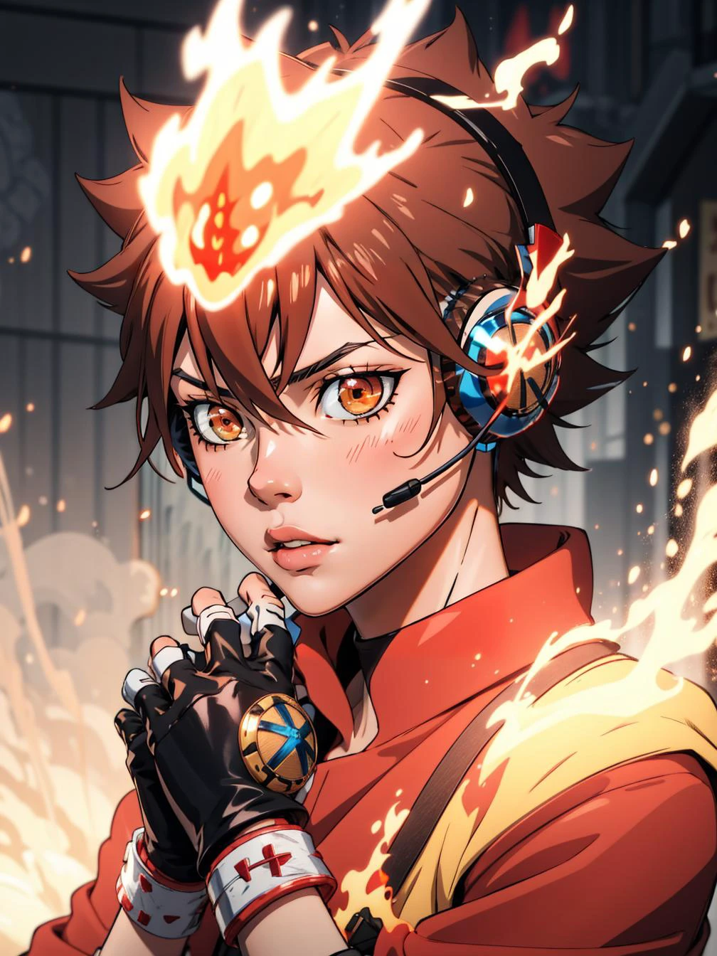 masterpiece, best quality, <lora:Tsuna_Reborn2:0.7> tsuna sawada, gloves, flame headwear, headphones, fingerless gloves, brown eyes, katekyo hitman reborn!, (GS-DeFeminize-neg:0.6), cowboy shot,