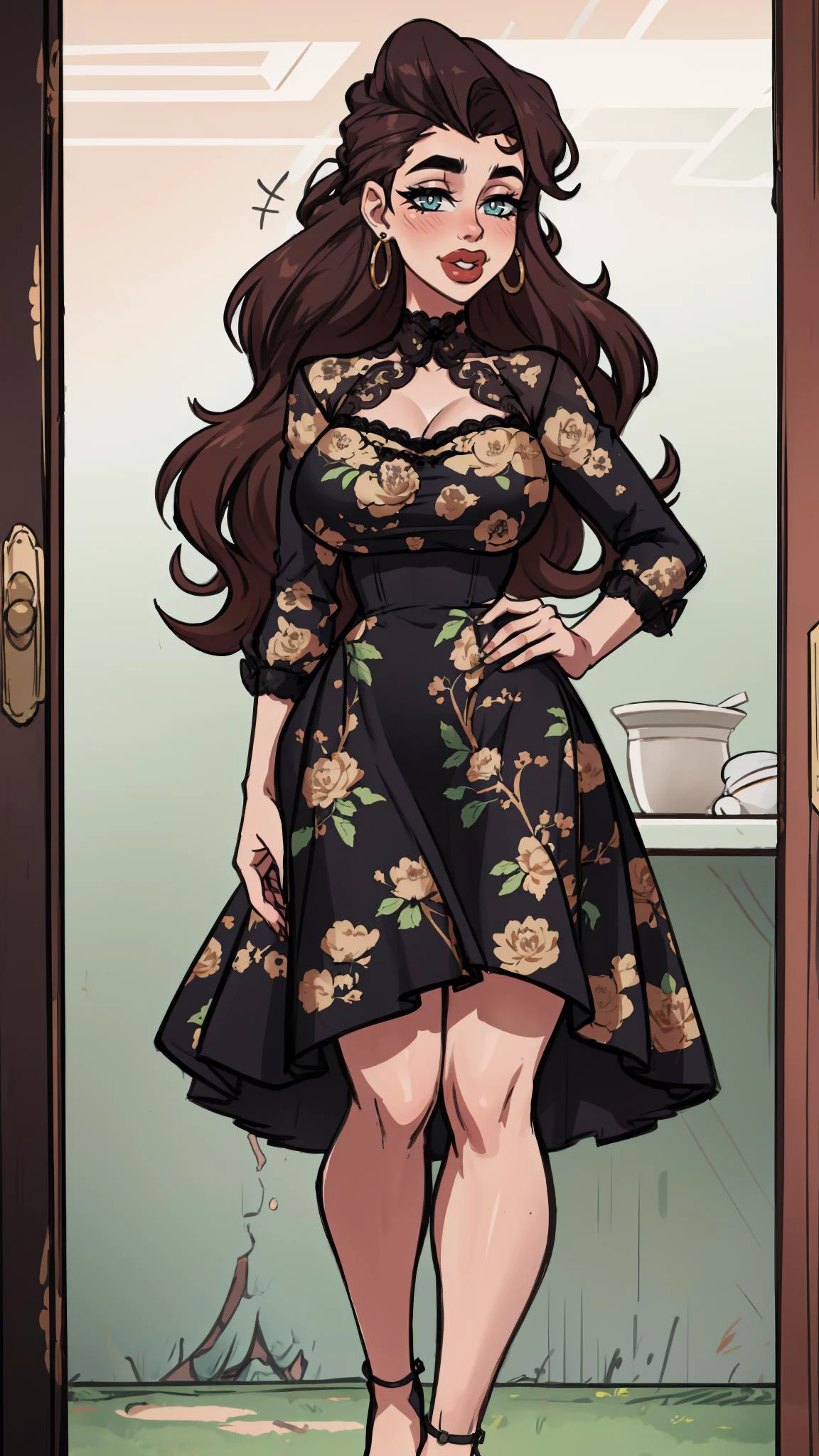 A woman in a vintage-inspired floral dress, her hair styled in loose waves, with a confident and radiant expression, feet out of frame,
masterpiece, best quality, intricate detail, toon \(style\), <lora:Raiou_Style:0.8> big lips, thick lips,