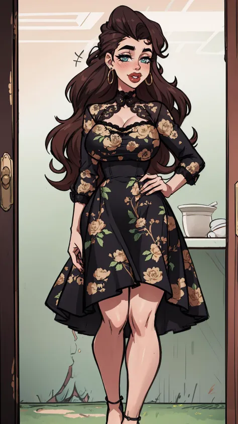 A woman in a vintage-inspired floral dress, her hair styled in loose waves, with a confident and radiant expression, feet out of frame, 
masterpiece, best quality, intricate detail,  toon \(style\),   <lora:Raiou_Style:0.8> big lips, thick lips,