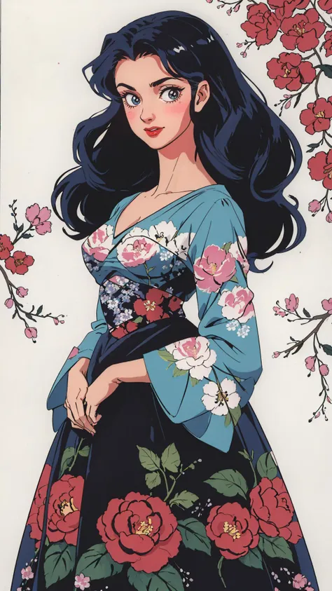 A woman in a vintage-inspired floral dress, her hair styled in loose waves, with a confident and radiant expression,cowboy shot, 
 masterpiece, best quality, intricate detail,    <lora:takahashi_rumiko_offset:1> takahashi rumiko