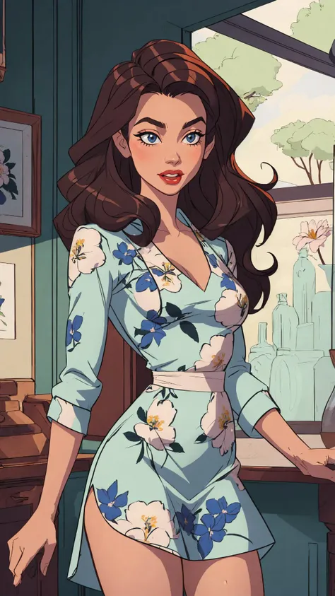 A woman in a vintage-inspired floral dress, her hair styled in loose waves, with a confident and radiant expression,cowboy shot, 
 masterpiece, best quality, intricate detail,      <lora:tendertroupe_v2.2:1>