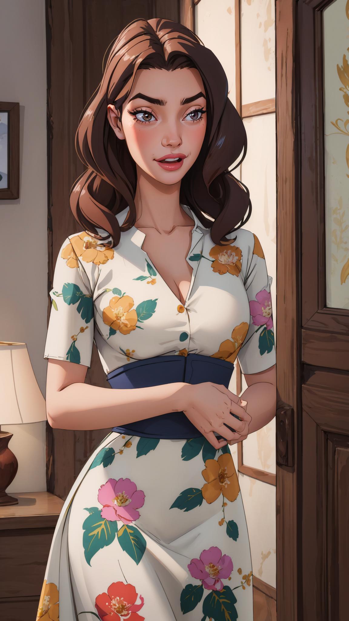 A cartoon girl in a floral dress standing in front of a door - SeaArt AI