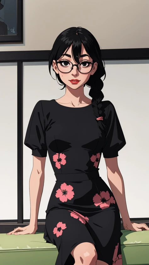 A woman in a vintage-inspired floral dress, her hair styled in loose waves, with a confident and radiant expression, feet out of frame, 
masterpiece, best quality, intricate detail,   <lora:sakiyoshida-lora-nochekaiser:1> saki yoshida, long hair, braid, twin braids, glasses, hair between eyes, (black eyes:1.5), black hair,