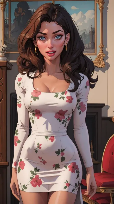 A woman in a vintage-inspired floral dress, her hair styled in loose waves, with a confident and radiant expression,cowboy shot,
masterpiece, best quality, intricate detail, <lora:thepit:1> thepit