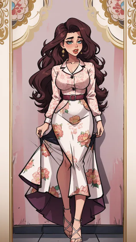 A woman in a vintage-inspired floral dress, her hair styled in loose waves, with a confident and radiant expression, feet out of frame, 
masterpiece, best quality, intricate detail,  toon \(style\),   <lora:Raiou_Style:0.8> big lips, thick lips,