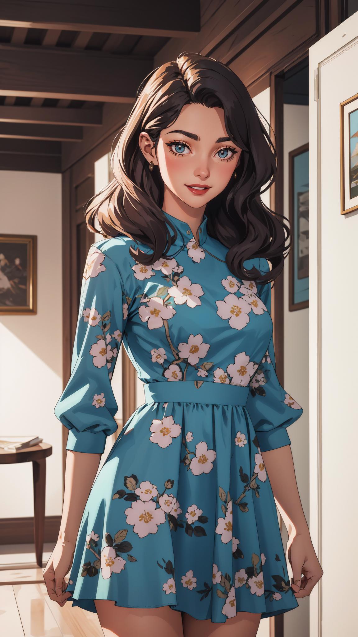 A woman in a blue dress standing in a room - SeaArt AI