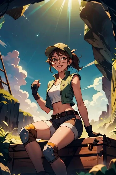 FioDef, baseball hat, glasses, green vest, brown hair, ponytail, brown eyes, crop top,medium breasts,gloves, short shorts, navel, belt, knee pads, boots,  looking at viewer, smiling, happy, sitting, on treasure chest, inside a dark cave, soft lighting, high quality, masterpiece,  <lora:Fiolina:.8>