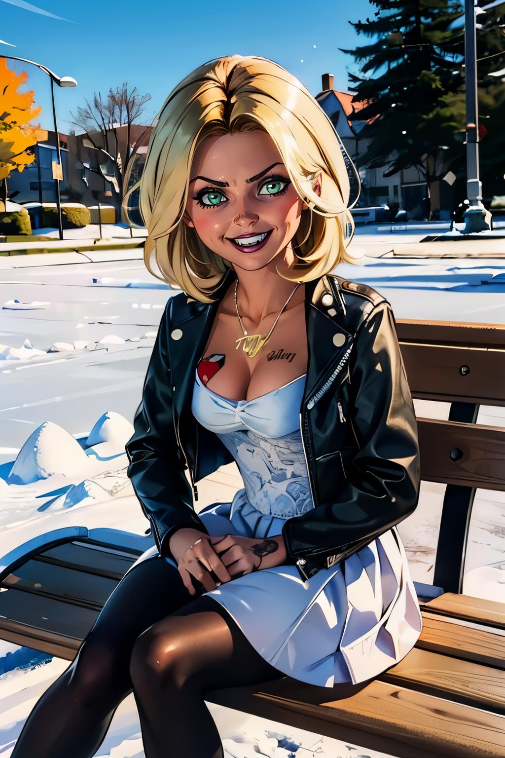 Blond woman sitting on a bench in the snow with a red rose - SeaArt AI
