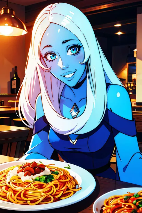 Bledim, giantess, white hair, blue colored skin, blue eyes, gem between collarbone, long hair, blue dress, looking at viewer, smiling, happy, tears down face, crying,
sitting on a small cliff, holding a wine glass, from_below, twilight sky, dusk, extreme detail, masterpiece, fantasy, <lora:BlueDiamond:1> <lora:ColoredSkin:.8>