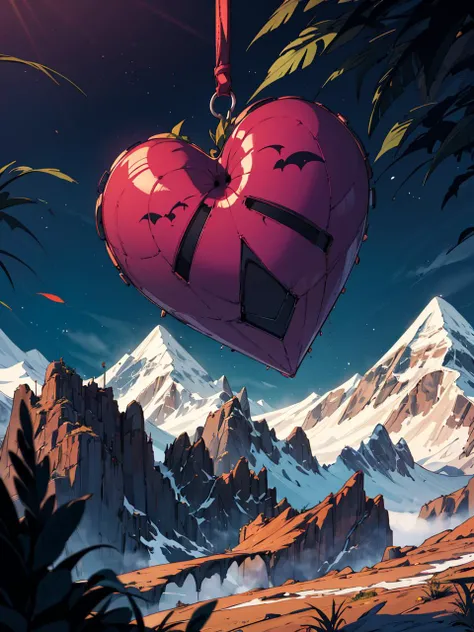 art by James Jean, medium-sized cadmium purple fastigiate strap-shaped plant, heart-shaped serrated leaf, longitudinal venation, whorled-alternate, sinuate leaf margin, ebracteolate, whorled, , The Himalayas in background, spotlight, sci-fi, elaborate