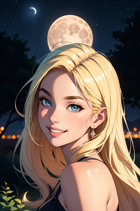 masterpiece, best quality, 1girl,beautiful blonde hair,beautiful eyes,elegant dress,smiling,lush eyebrows,radiant skin,realistic,outdoor scenery,perfect night,moon in background,3/4 shot,fujifilm,extreme detailed,high resolution