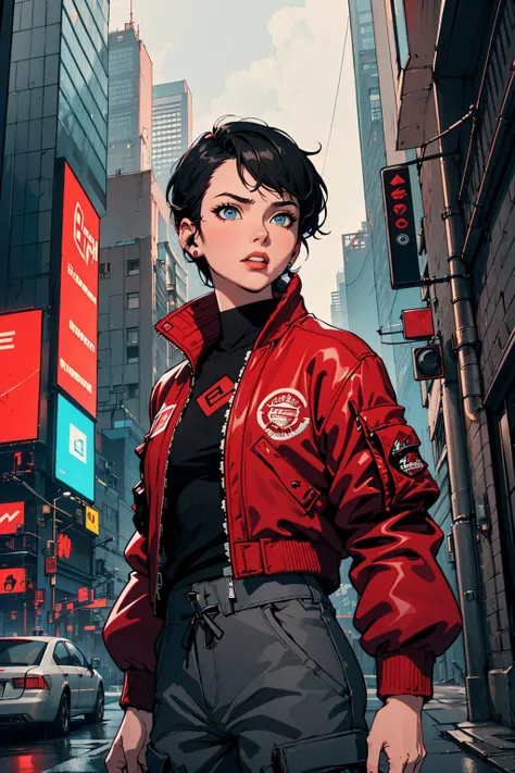 1girl,blue eyes, building, city, cityscape, (cyberpunk,cybernetics:1.3), earpiece, dynamic angle, looking at viewer, multicolored hair, red and black hair, rain, short hair, skyscraper, solo, upper body,(grey and red bomber jacket,black cargo pants,red sports sneakers:1.3),carrying sword on her back,