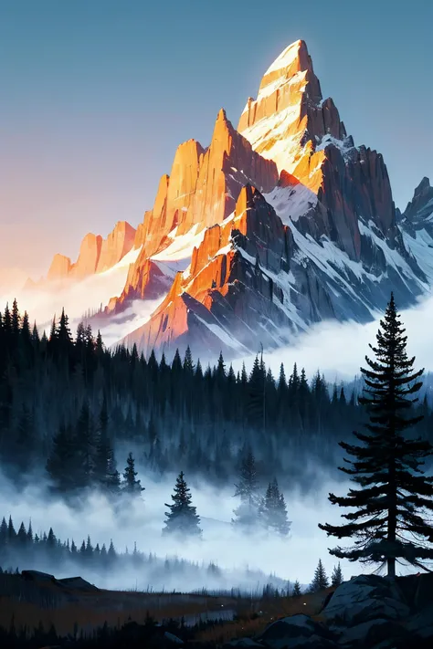 (best quality, detailed, intricate), high contrast, a mountain forest in summer, the Rocky_Mountains, landscape, fog, tall spruce trees, backlighting, <lora:add_detail:0.5>