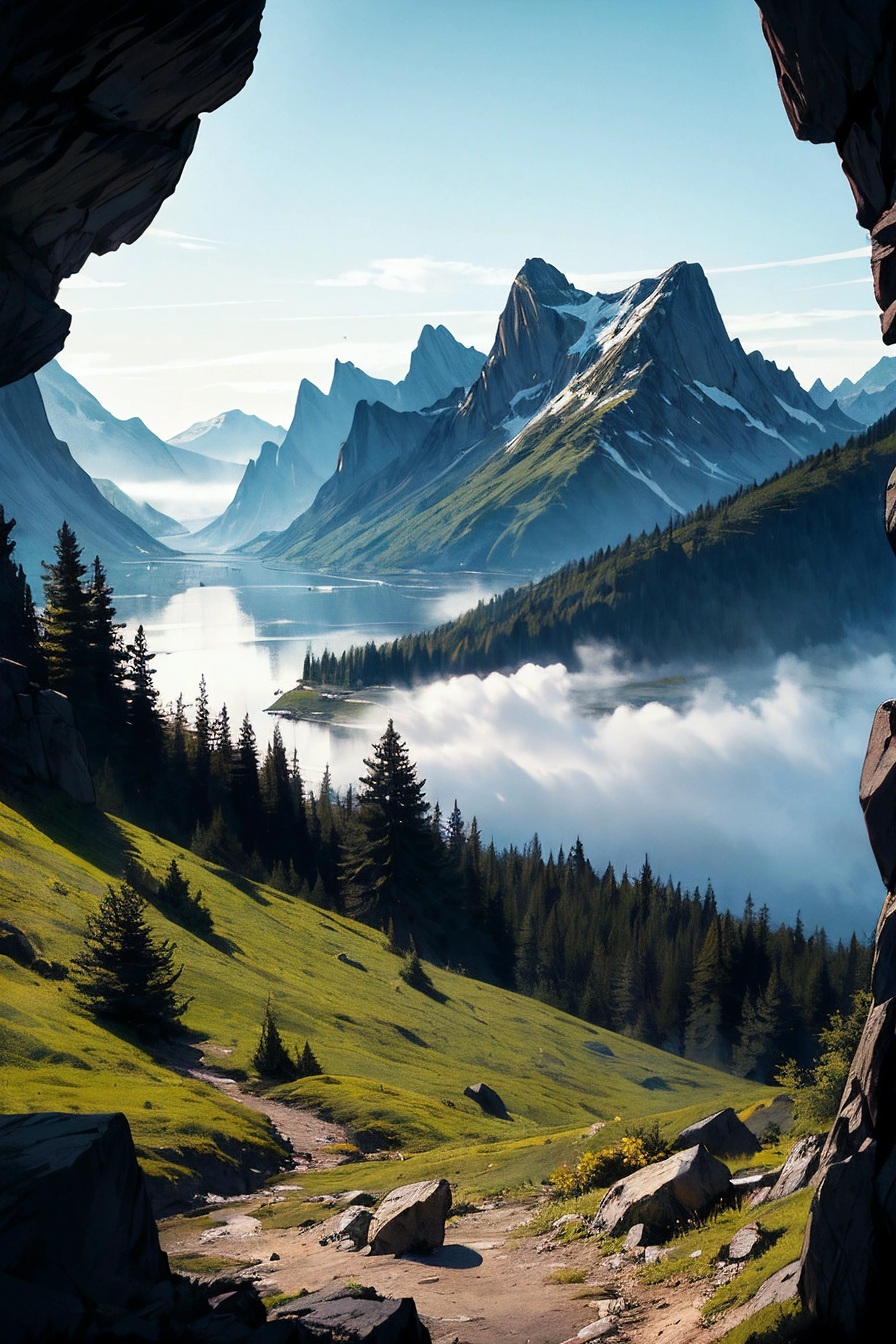 (best quality, detailed, intricate), high contrast, a fjord in summer, landscape, fog, tall spruce trees, backlighting, <lora:add_detail:0.5>