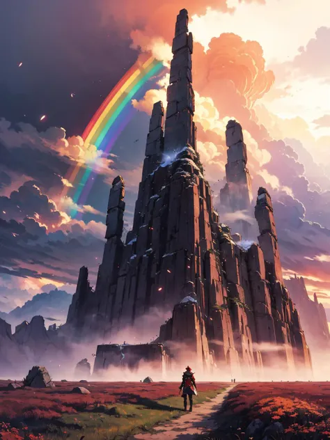 art by Ann Stookey, landscape of a Angelic Ultrarealistic [Movie theater|Great Wall of China] in the distance there is a Rainbow Monoliths, Thunderstorm, Fantasy, F/5, Amaro, deep red flakes, immense