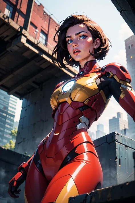 RAW, Masterpiece, Ultra Fine Photo, Best Quality, Ultra High Resolution, Photorealistic, Sunlight, Stunningly Beautiful, Dynamic Poses, Delicate Face, Vibrant Eyes, she is wearing a futuristic Iron Man mech, red and gold color scheme, highly detailed abandoned warehouse background, detailed face, detailed and complex busy background, messy, gorgeous, milky white, high detailed skin, realistic skin details, visible pores , sharp focus, volumetric fog, 8k uhd, high quality, film grain, fair skin, photorealism, lomography, sprawling metropolis in futuristic dystopia, view from below, translucent