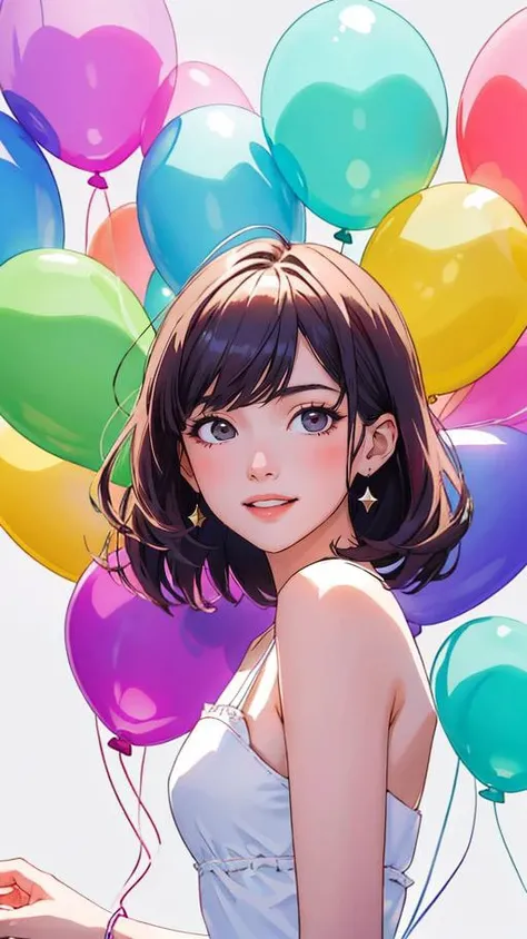(best quality, masterpiece, highres:1.2), upperbody, (young cute girl), very slim, skinny, (ultra-detailed body), vibrant colors, small balloons, bubbles, sweetness, joy, happiness, enchanting, (purple, red, green, yellow, tone), abstract, soft light passing through hair, (balloons background:1.3), (intricate details), (soft lighting, side lighting, reflected light), ,dim dawn light, dim colors