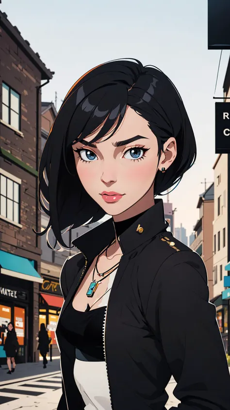 portrait of a pretty woman walking through the city, necklace, ((toon \(style\))), flat color, (((black outline))),
masterpiece, best quality, HDR, intricate detail,