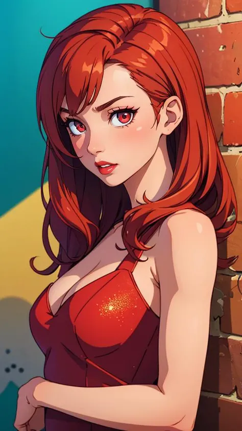 ((Red hair)), green eyes, long hair up to half, huge bust, ((full lips)), ((masterpiece)), ((detailed)), ((tank top)), ((denim shorts)), ((Best Quality)), ((gig stage)), huge breasts, ((bright)), (pretty eyes), looking away, playing an electric guitar with a powerful pose