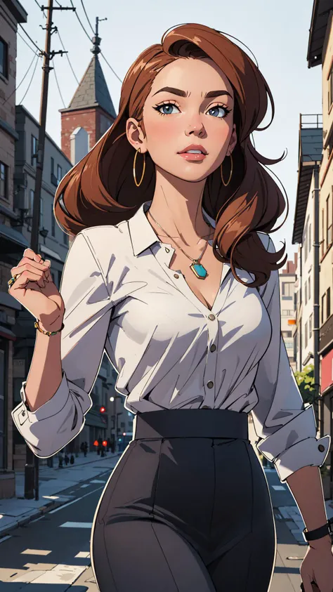 portrait of a pretty woman walking through the city, necklace, ((toon \(style\))), flat color, ((outline)),
masterpiece, best quality, HDR, intricate detail,