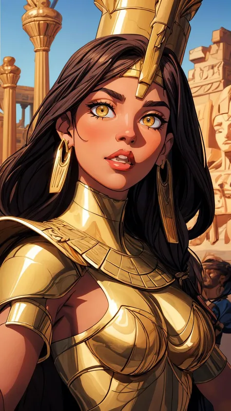 masterpiece, best quality, intricate detail, caricature of a beautiful pharaoh ruler of the egyptian, brown skin, amber eyes, thick lips, gold earrings, gold trim, gold
 <lora:add_detail:1> toon \(style\), digital art,official art,