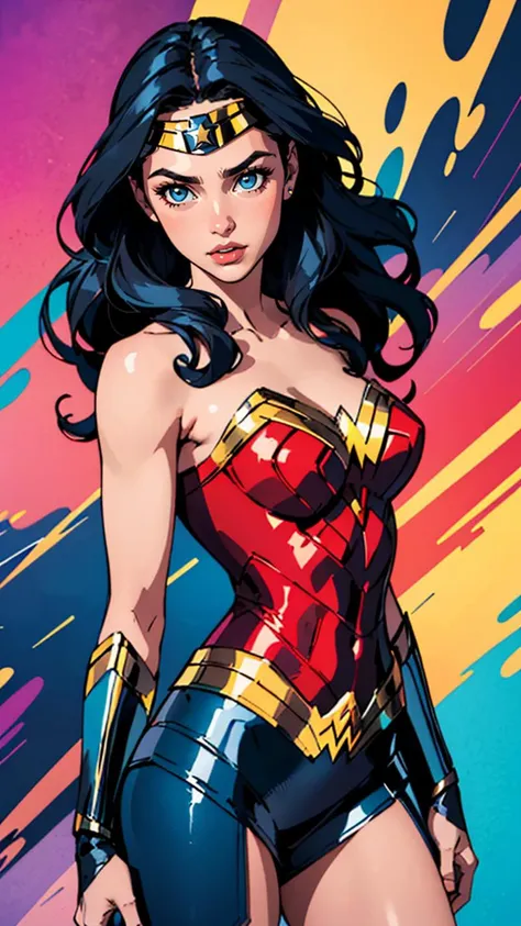 (masterpiece, best quality, highres:1.2), (intricate and beautiful:1.2), (detailed light:1.2), (colorful, dynamic angle), upper body shot, fashion photography of cute, black long hair girl (Wonder Woman), dressing high detailed Wonder Woman suit, flirting with POV, dynamic pose, soft moonlight passing through hair, (abstract colorful art background:1.3), (official art), (cinematic),