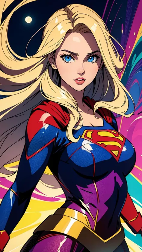 (masterpiece, best quality, highres:1.2), (intricate and beautiful:1.2), (detailed light:1.2), (colorful, dynamic angle), upper body shot, fashion photography of cute, blonde long hair girl (Supergirl), dressing high detailed Supergirl suit, flirting with POV, dynamic pose, soft moonlight passing through hair, (abstract colorful art background:1.3), (official art), (cinematic),