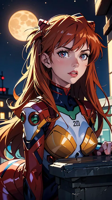 (best quality, masterpiece, colorful, dynamic angle, highest detailed)(Asuka Langley), upper body photo, fashion photography of cute red long hair girl (Asuka Langley), dressing high detailed Evangelion red suit (high resolution textures), in dynamic pose, bokeh, (intricate details, hyperdetailed:1.15), detailed, moonlight passing through hair, perfect night, (fantasy background), (official art, extreme detailed, highest detailed), HDR+