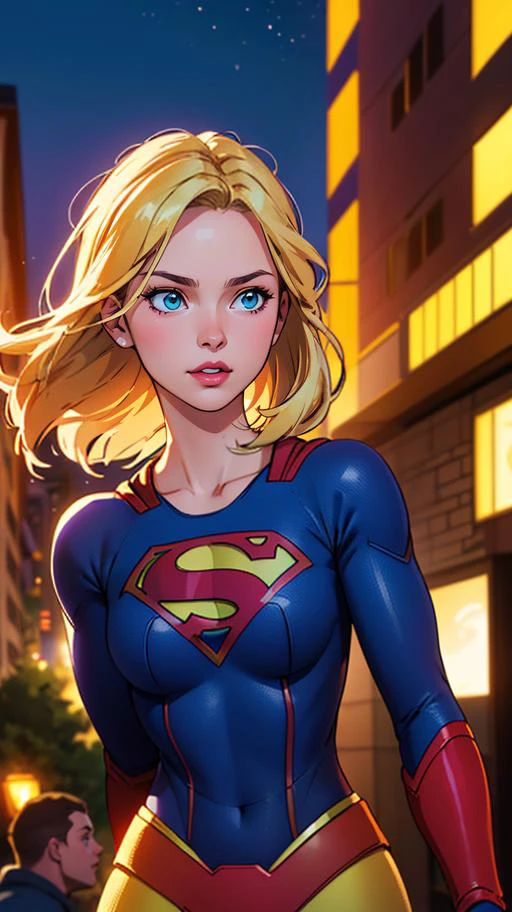 (best quality, masterpiece, highres:1.2)(Supergirl), blonde long hair girl (Supergirl), dressing high detailed Supergirl suit (high resolution textures), in dynamic pose, bokeh, (intricate details, hyperdetailed:1.15), detailed, moonlight passing through hair, perfect night, (fantasy background), (official art, extreme detailed, ), HDR+