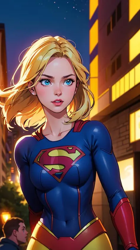 (best quality, masterpiece, highres:1.2)(Supergirl), blonde long hair girl (Supergirl), dressing high detailed Supergirl suit (high resolution textures), in dynamic pose, bokeh, (intricate details, hyperdetailed:1.15), detailed, moonlight passing through hair, perfect night, (fantasy background), (official art, extreme detailed, ), HDR+