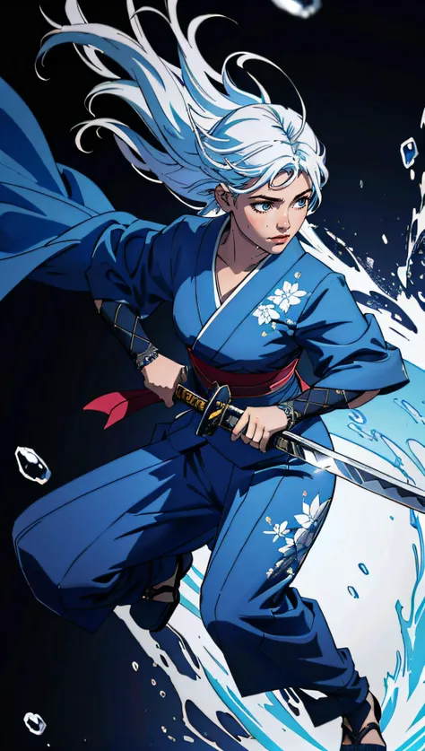 (best quality, masterpiece, colorful, dynamic angle, highest detailed)full body photo, ull body photo epic realistic, (close up), 1girl, floating blue_hair, long hair, (water:0.7), waterdrop, wet, holding_katana, blue_kimono with intricate pattern, ultra detailed, (textured_clothing), black_background, (intricate details, hyperdetailed:1.15), detailed, light passing through hair, (official art, extreme detailed, highest detailed),
