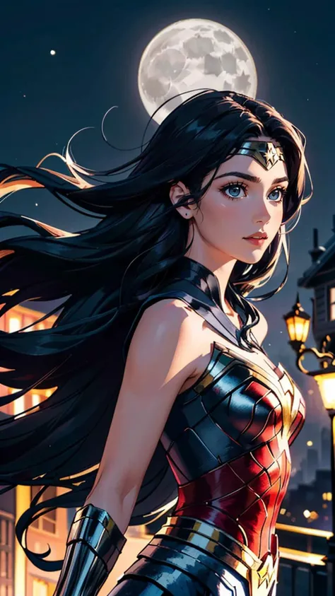 (best quality, masterpiece, colorful, dynamic angle, highest detailed)(Wonder Woman), upper body photo, fashion photography of cute black long hair girl (Wonder Woman), dressing high detailed Wonder Woman suit (high resolution textures), in dynamic pose, bokeh, (intricate details, hyperdetailed:1.15), detailed, moonlight passing through hair, perfect night, (fantasy background), (official art, extreme detailed, highest detailed), HDR+