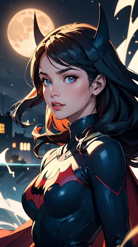 (best quality, masterpiece, colorful, dynamic angle, highest detailed)(Batwoman), upper body photo, fashion photography of cute girl (Batwoman), dressing high detailed Batwoman suit (high resolution textures), in dynamic pose, bokeh, (intricate details, hyperdetailed:1.15), detailed, moonlight passing through hair, perfect night, (fantasy background), (official art, extreme detailed, highest detailed), HDR+