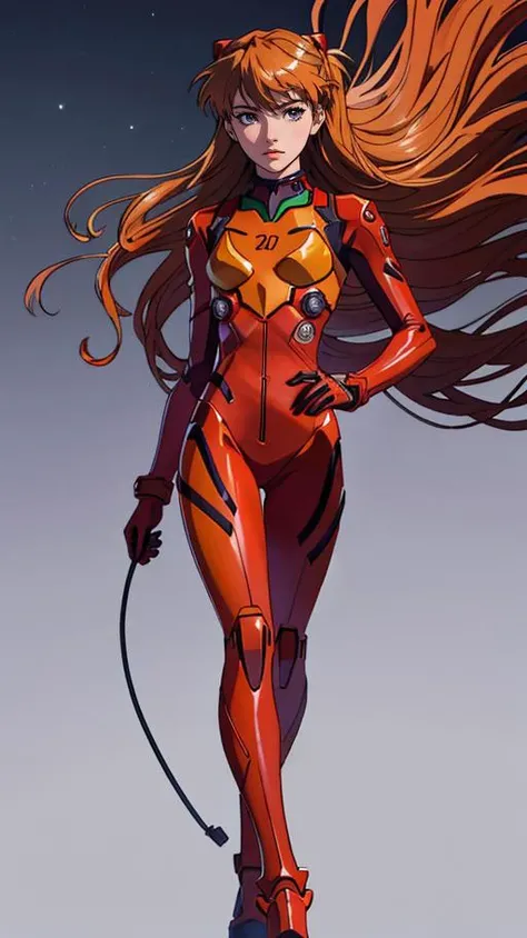 (best quality, masterpiece, highres:1.2), (Asuka Langley), in high detailed textured Evangelion red plugsuit, (ultra-detailed body), moonlight passing through hair, (background:1.3), (intricate details)