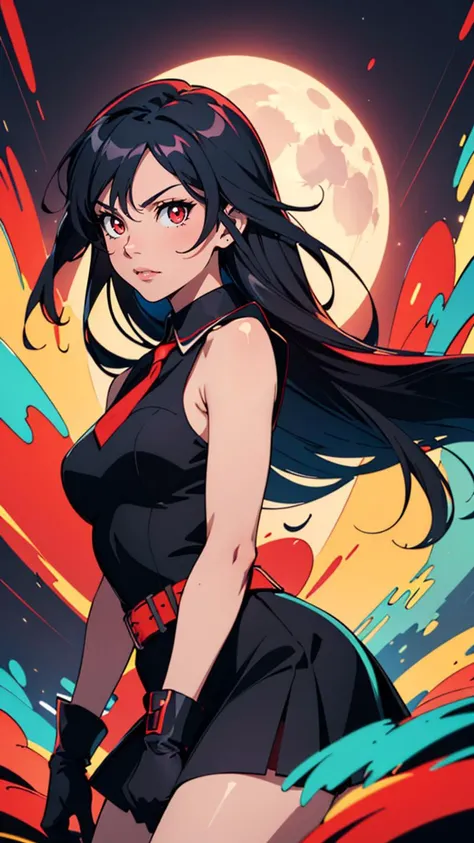 (masterpiece, best quality, highres:1.2), (intricate and beautiful:1.2), (detailed light:1.2), (colorful, dynamic angle), upper body shot, fashion photography of cute, (Akame ga Kill!), perfect long black hair, red eyes, black dress, sleeveless, detailed white collar, black skirt, red belt around her waist, red and black gloves, long red tie, black socks, boots, flirting with POV, dynamic pose, soft moonlight passing through hair, (abstract colorful art background:1.3), (official art), (cinematic),