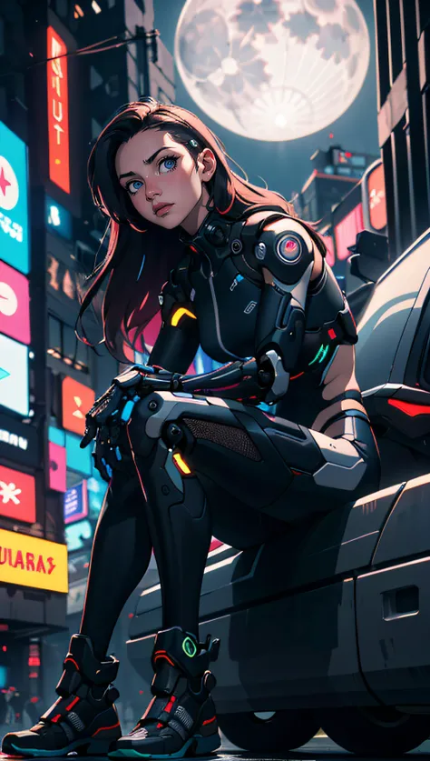 (best quality, masterpiece, colorful, dynamic angle, highest detailed)upper body photo, full body photo, fashion photography of cute 1girl, mechanical arms, cyborg, dark mood, dystopia, glowing, looking at viewer, sitting, long hair, bokeh (intricate details, hyperdetailed:1.15), detailed, moonlight passing through hair, (official cyberpunk art, extreme detailed, highest detailed), HDR+