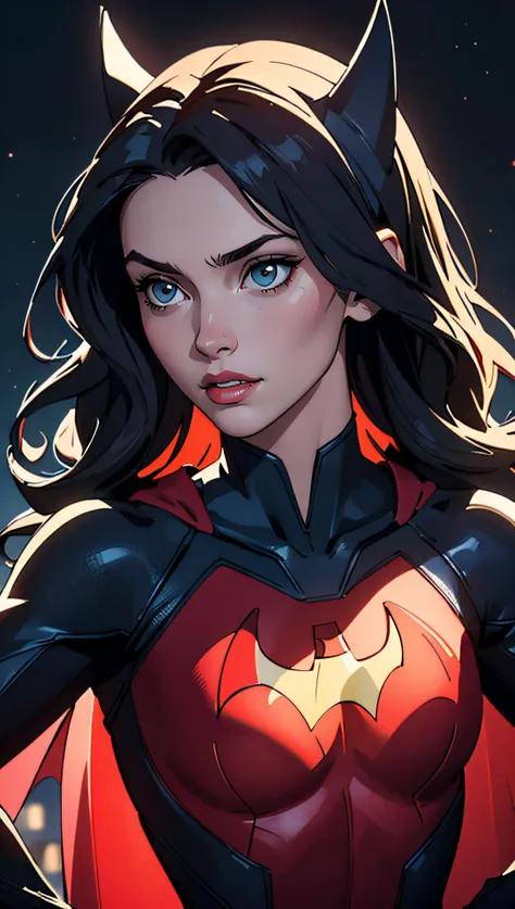 (best quality, masterpiece, colorful, dynamic angle, highest detailed)(Batwoman), upper body photo, fashion photography of cute girl (Batwoman), dressing high detailed Batwoman suit (high resolution textures), in dynamic pose, bokeh, (intricate details, hyperdetailed:1.15), detailed, moonlight passing through hair, perfect night, (fantasy background), (official art, extreme detailed, highest detailed), HDR+