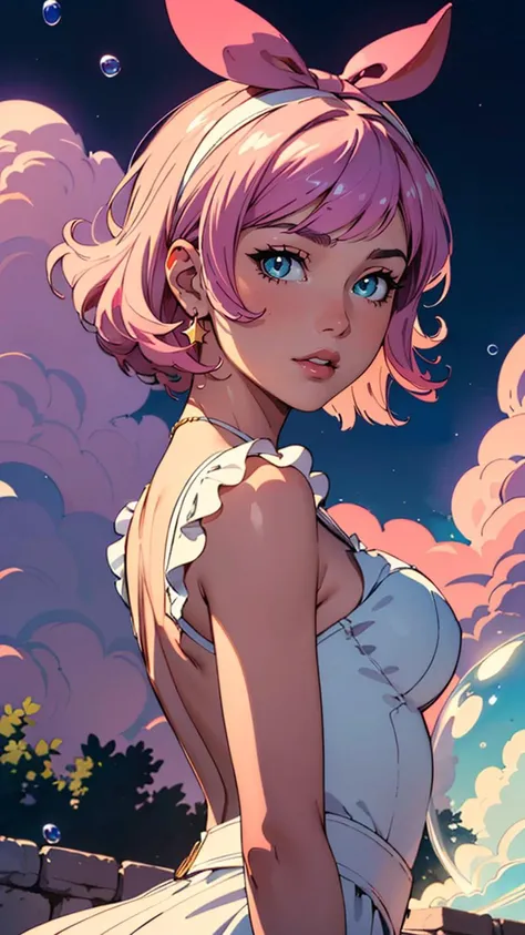 (masterpiece, best quality, highres:1.2), (intricate and beautiful:1.2), (detailed light:1.2), (colorful, dynamic angle), upper body shot, fashion photography of cute, (Creamy Mami), intense pink hair, flirting with POV, dynamic pose, soft moonlight passing through hair, (colorful bubble clouds background), (official art), (cinematic),
