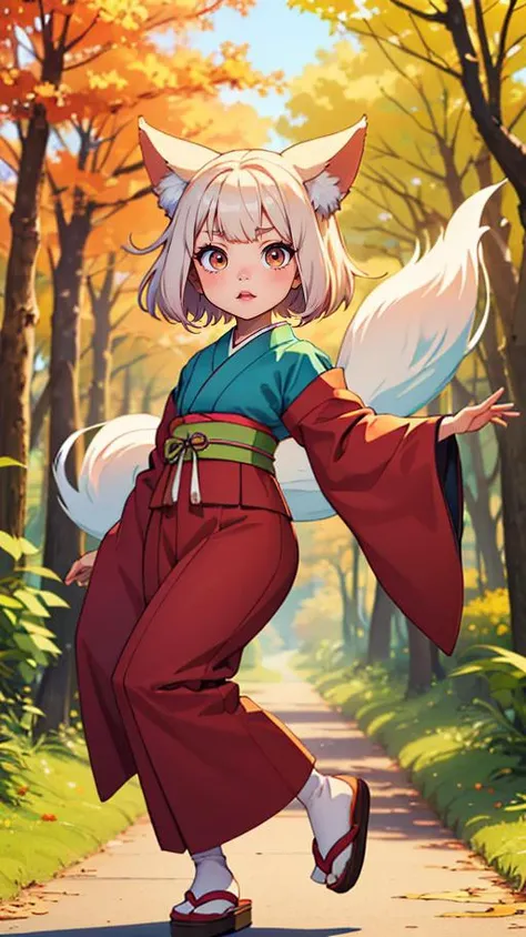 (best quality, masterpiece, highres:1.2), chibi cartoon, chibi kawaii, (japanese kitsune mask), fox tail, high detailed clothes, japanese forest, autumn background, beautiful eyes, brown eyes, light in eyes, full body, Character Design, CGI, 8k