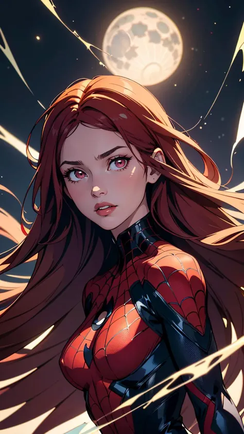 (best quality, masterpiece, colorful, dynamic angle, highest detailed) upper body photo, fashion photography of cute, intense long red hair, \Mary Jane\ in spiderman suit, (ultrahigh resolution textures), in dynamic pose, bokeh, glowing web, (intricate details, hyperdetailed:1.15), detailed, moonlight passing through hair, perfect night, fantasy background, (official art, extreme detailed, highest detailed), HDR+
