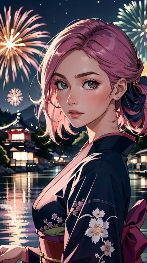 (best quality, masterpiece, colorful, dynamic angle, highest detailed) Realistic photo, fashion photography of a cute European girl with iridiscent pink hair, flirting with POV, in traditional japanese gold&black kimono, ultra detailed kimono textures, perfect night, kyoto, fireworks, (intricate details, hyperdetailed:1.15), detailed, moonlight passing through hair, (official art, extreme detailed, highest detailed), HDR+