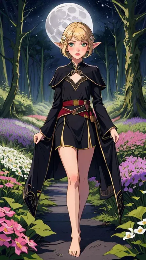 (best quality, masterpiece, highres:1.2), (1girl), green eyes, blonde, hair ornament, short hair, blush, lipstick, slim, slim body, perfect detailed face, naughty face, detailed eyes, ((fantasy forest)), ((small flowers around)), detailed legs, barefoot, ((dark night)), ((darkness)), elf ears, ideal bobtail, magic flowers, ((small moon)), dim colors