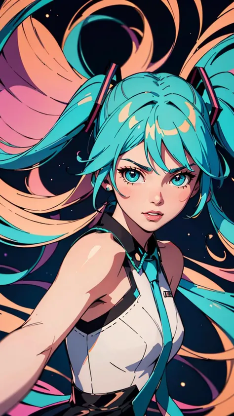 (masterpiece, best quality, highres:1.2), (intricate and beautiful:1.2), (detailed light:1.2), (colorful, dynamic angle), upper body shot, fashion photography of cute, intense long hair, (Hatsune Miku), dancing pose, flirting with POV, dynamic pose, soft moonlight passing through hair, (abstract colorful art background:1.3), (official art), (cinematic),