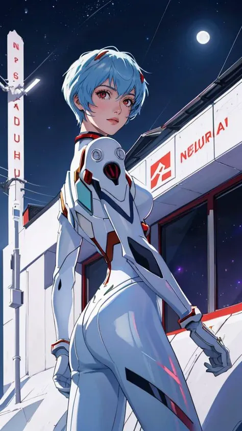 (best quality, masterpiece, highres:1.2), (Rei Ayanami), intense-red-eyes, in high detailed textured Evangelion white plugsuit, moonlight passing through light blue hair, (night beautiful background:1.3), (intricate details)