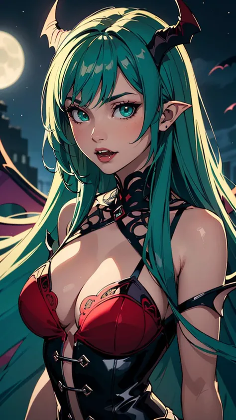 (masterpiece, best quality, highres:1.2), (intricate and beautiful:1.2), (detailed light:1.2), (colorful, dynamic angle), upper body shot, fashion photography of cute young succubus girl, gothic, large demon redwings, long green hair, half demon, crimson iris, cat eyes, vampire very long fangs, soft moonlight passing through hair, (official art), (cinematic),