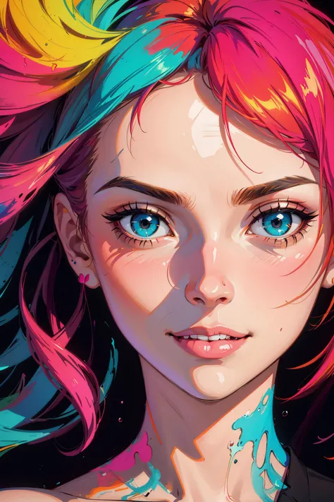 A painting on the canvas of a woman in colorful tones, in the style of martin ansin, cracked, serene faces, dimitry roulland, paint dripping technique, gorgeous colors, geometric,fade smile