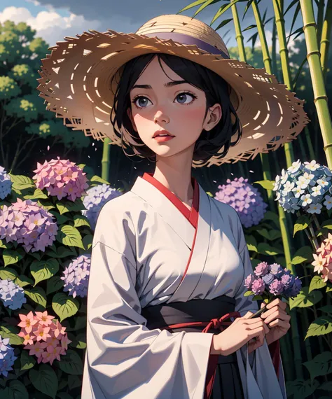[1girl], elegant, big straw hat, black japanese clothes, field of hydrangeas, bamboo forest, [night], grey sky, [no sunlight], shaded face, holding flower, looking away,