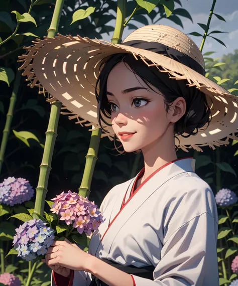 [1girl], elegant, big straw hat, black japanese clothes, field of hydrangeas, bamboo forest, [night], grey sky, [no sunlight], shaded face, holding flower, light smile, looking away,