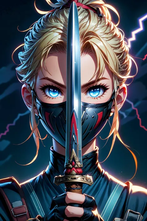 (best quality, masterpiece, highres:1.2),1girl,solo,blonde hair,ponytail,beautiful eyes,blue eyes,ninja,ninja outfit,face mask,face markings,fingerless gloves,holding sword,swordup, looking at viewer, close-up,<lora:swordup-pose-richy-v1:1.2>, <lora:add_detail:0.8>,(dark background,thunder bolts:1.2)